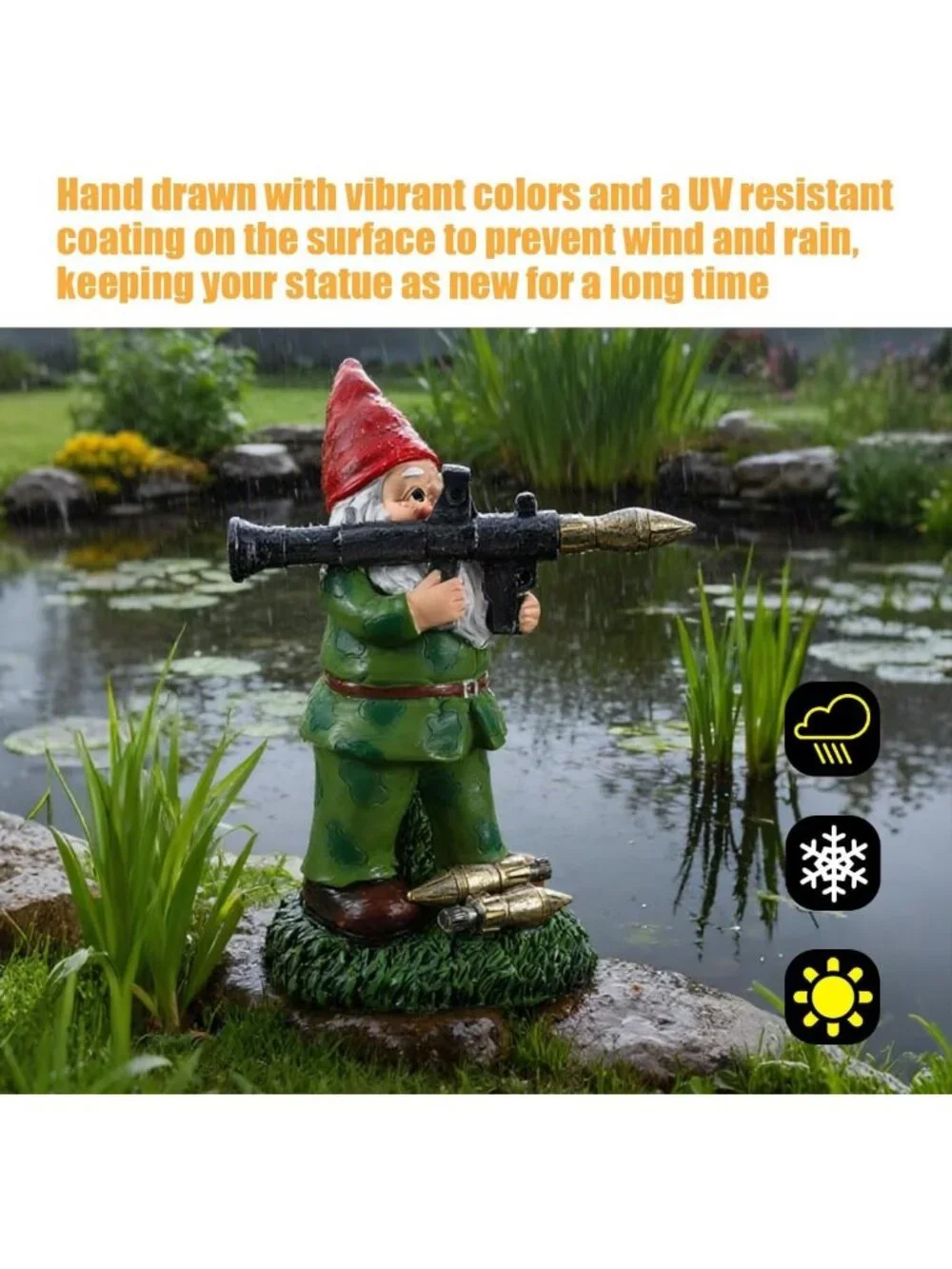 Large Solar Garden Gnome Statue - Military Soldier Decor, Unique Outdoor
